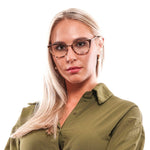 Model wearing Lozza Multicolor Unisex Glasses Frame with plastic full-rim design, size 52-18-135, in multicolor frame.