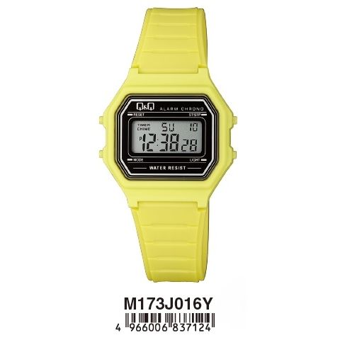 Yellow Q&Q Mod. DIGITAL ALARM CHRONO wristwatch with plastic strap and mineral dial. Water resistant, unisex design, official packaging.