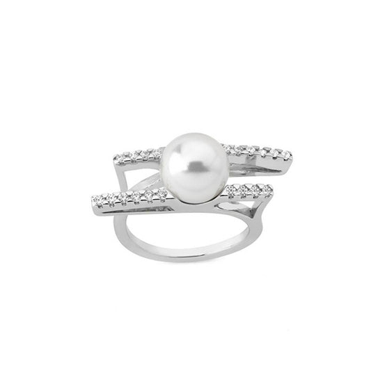 Silver ring with pearl from MAJORICA JEWELRY Mod. 15179.01.2.917.010.1, featuring a split band design with embedded gemstones.