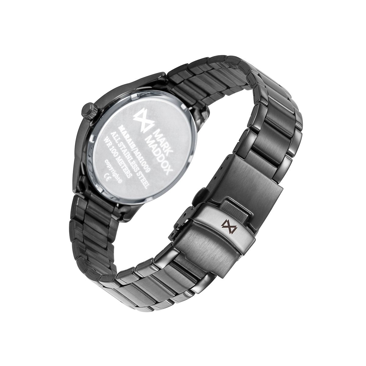 Back view of MARK MADDOX - NEW COLLECTION Mod. MM1009-13 watch with stainless steel band and branding on clasp. Water resistant 10 ATM.