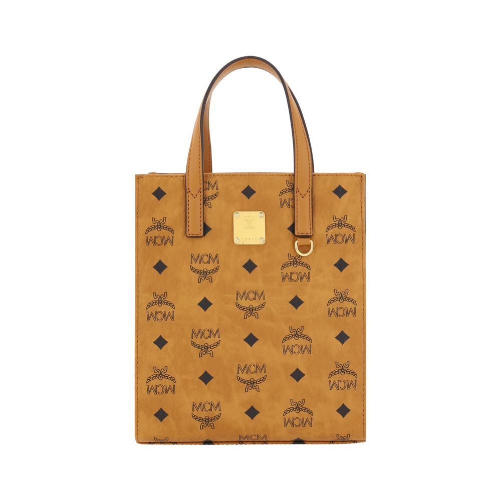 MCM Aren Mini Tote Handbag with logos, leather trim, metal plaque, removable strap, 19x19x9 cm, made in Korea, South.