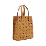 MCM Aren Mini Tote Handbag with iconic brand logo, leather trim, and adjustable shoulder strap, featuring a metal plaque monogram.