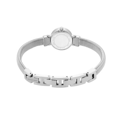 Rear view of MICHAEL KORS Mod. GRAMERCY lady's wristwatch with silver band and 22mm case, shown in official packaging.