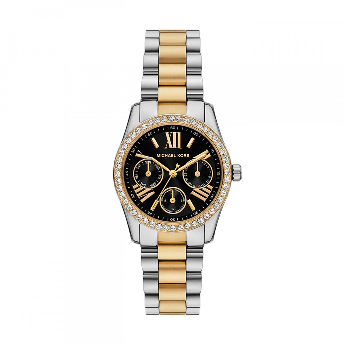 Luxury watch featuring the MICHAEL KORS Mod. LEXINGTON design in gold and silver with intricate black dial and crystal accents.