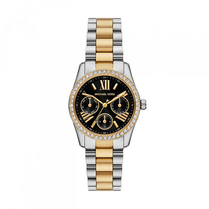 Luxury watch featuring the MICHAEL KORS Mod. LEXINGTON design in gold and silver with intricate black dial and crystal accents.