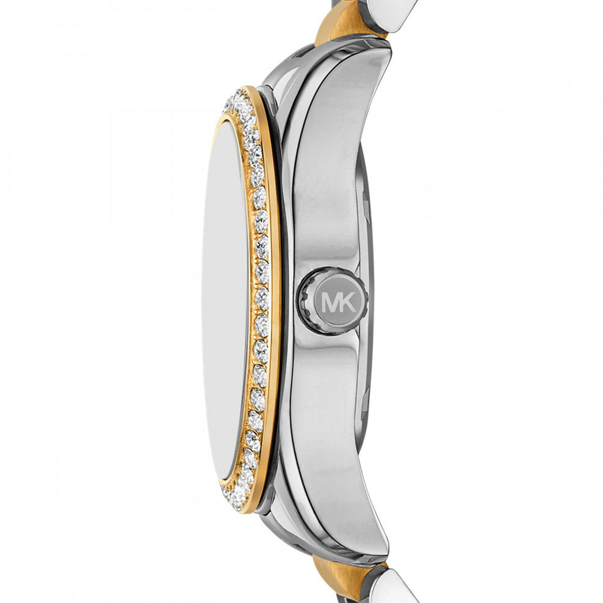 Side view of MICHAEL KORS Mod. LEXINGTON watch with crystal-studded bezel and silver-tone detailing.
