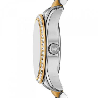 Side view of MICHAEL KORS Mod. LEXINGTON watch with crystal-studded bezel and silver-tone detailing.