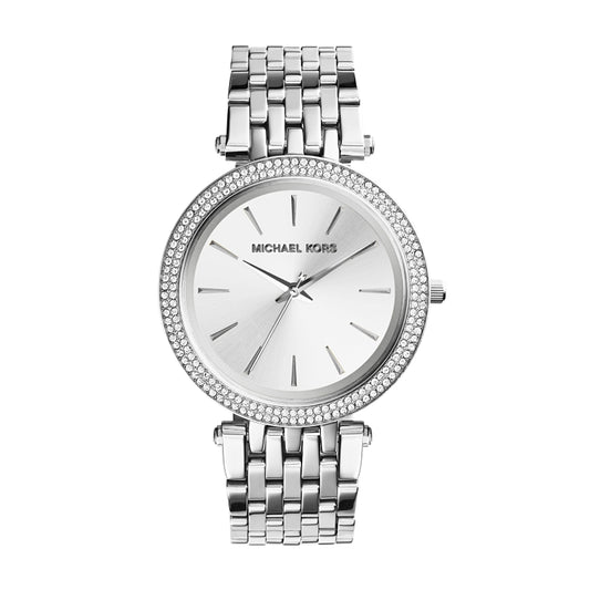 MICHAEL KORS WATCHES Mod. MK3190, silver-tone watch with crystal-accented bezel and link bracelet.