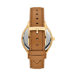 Back view of MICHAEL KORS WATCHES Mod. MK7465 with brown leather strap, gold buckle. Women's 38mm wristwatch in official packaging.