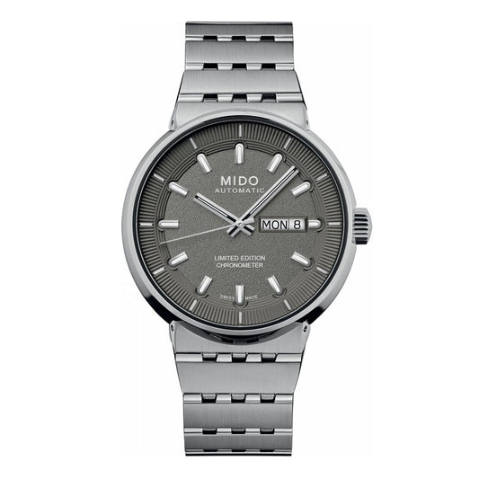 MIDO MOD. ALL DIAL 20TH ANNIVERSARY INSPIRED BY ARCHITECTURE Limited edition watch, silver band, front view.