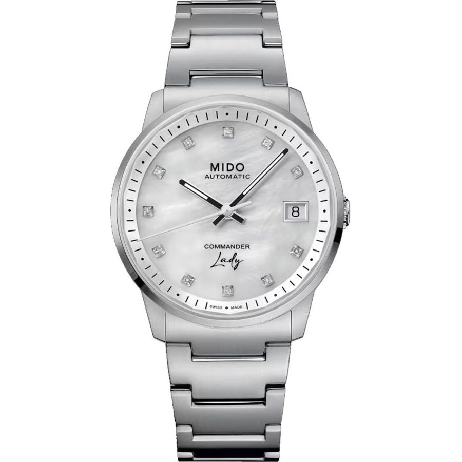 MIDO MOD. COMMANDER LADY luxury watch with silver bracelet and diamond accents, showcasing elegance and precision.