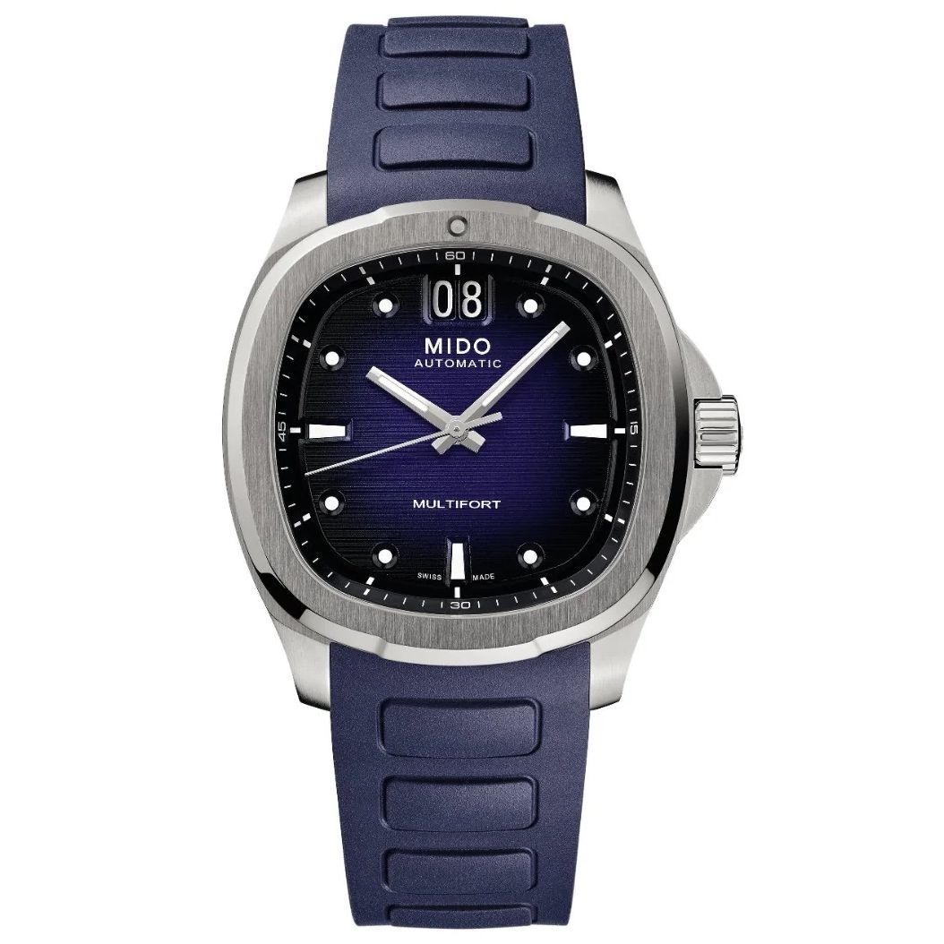 MIDO MOD. MULTIFORT TV BIG DATE watch with blue strap and modern design for stylish timekeeping.
