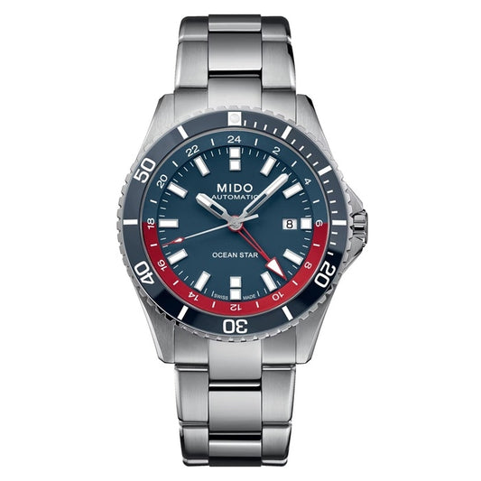 MIDO MOD. OCEAN STAR GMT luxury watch in stainless steel with blue and red dial showcasing elegant design and exceptional functionality