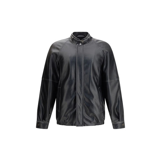 MM6 Black Polyester Bomber with stand collar and buckle, featuring tone-on-tone stitching and signature white stitch line at the back.