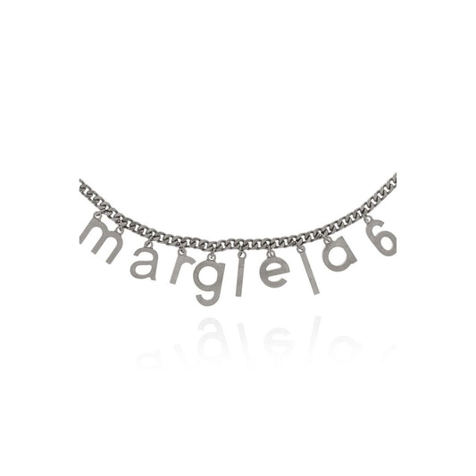 MM6 Maison Margiela logo-lettering necklace with silver-tone pendant and curb chain.
