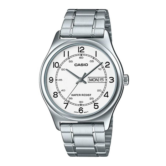 CASIO COLLECTION Mod. DAY DATE - WHITE wristwatch, metal strap, 38mm case, quartz movement, day & date function, official box packaging