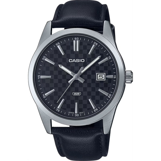 CASIO COLLECTION Mod. DATE - CARBON LOOK - SILVER & BLACK, gents quartz wristwatch with stainless steel case and leather strap, 41mm