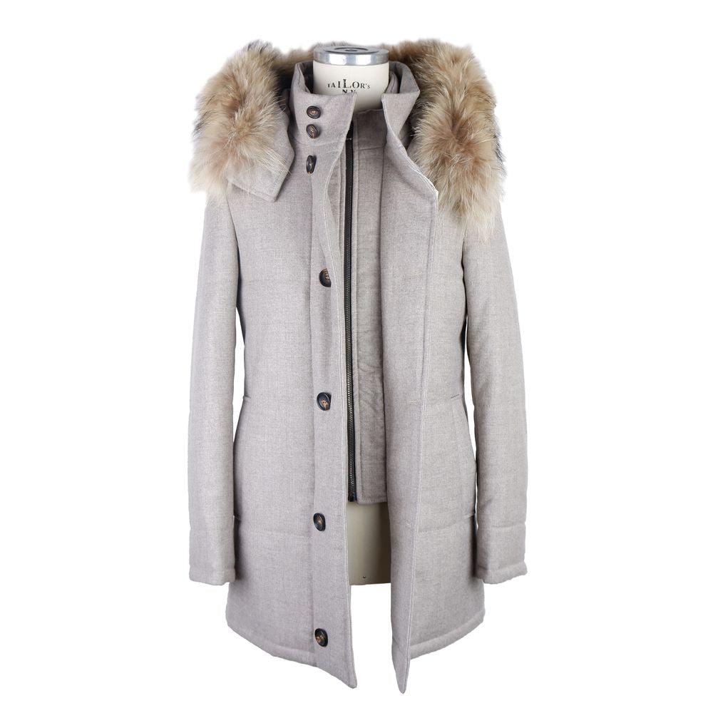 Made in Italy Gray Wool Men Jacket with fur-trimmed hood, tailored design, button closure, and luxurious cashmere blend.