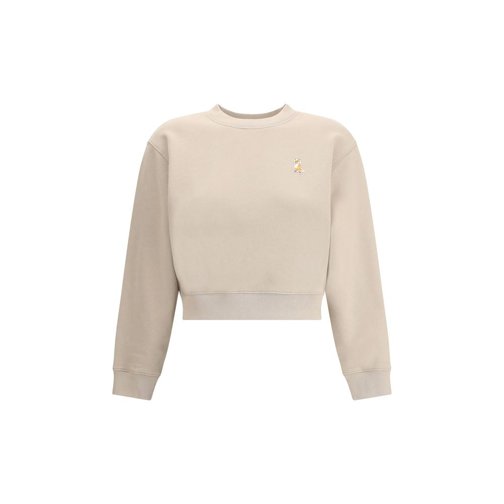 Maison Kitsuné Beige Cotton Sweatshirt with Lady Fox patch, ribbed crew neck, hem, and cuffs, 100% cotton, AW25 urban style.