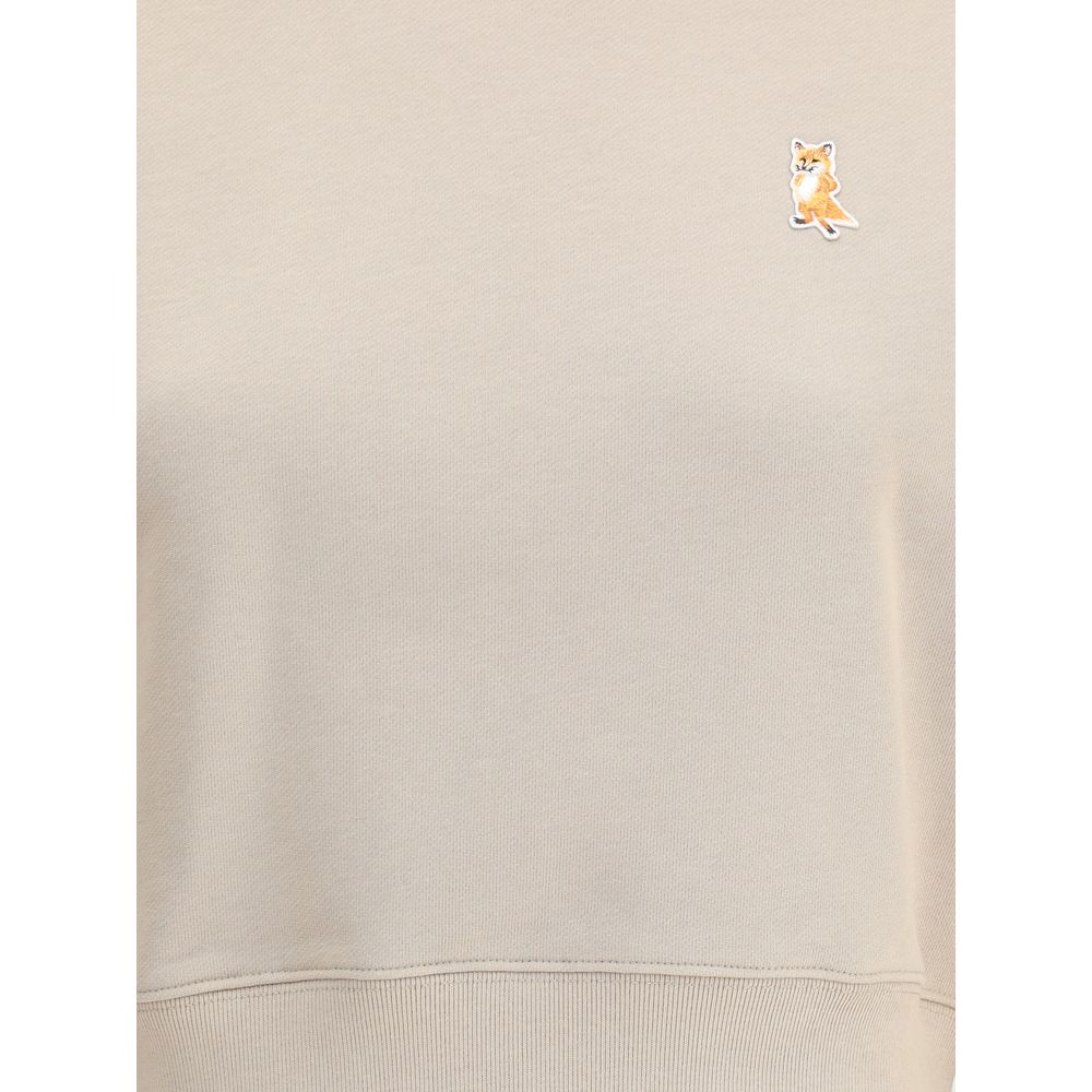 Maison Kitsuné Beige Cotton Sweatshirt with fox patch and ribbed crew neck, hem, and cuffs. AW25 collection. 100% cotton, urban style.