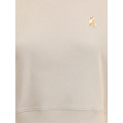 Maison Kitsuné Beige Cotton Sweatshirt with fox patch and ribbed crew neck, hem, and cuffs. AW25 collection. 100% cotton, urban style.