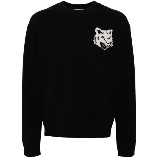Maison Kitsuné MAISON KITSUNE' Sweaters Black wool jumper with fox head logo, crew neck and ribbed cuffs.