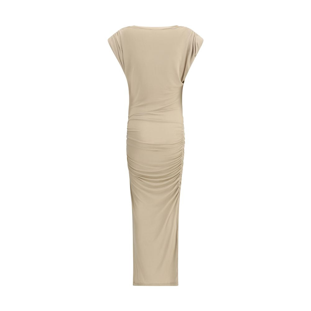 Back view of Marant Etoile Beige Modal Casual Dress with draped midi silhouette and cap sleeves.