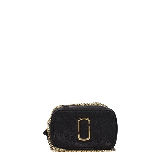 Marc Jacobs Black Leather Crossbody Bag with gold details and side logo, small casual size with zip closure and external pocket.