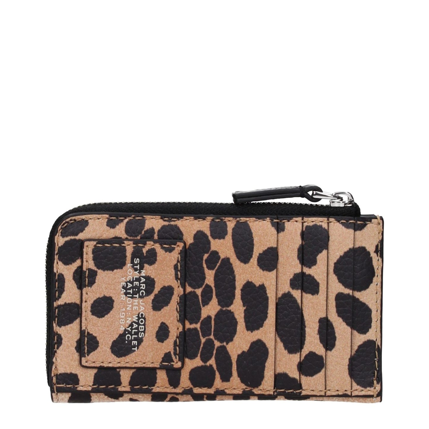 Marc Jacobs Brown Leather Wallet with front and back logo, featuring a stylish animal print design. Ideal accessory for fashion-forward individuals.
