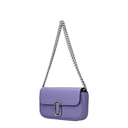 Marc Jacobs Purple Leather Crossbody Bag with chain strap, featuring front and back logo, and adjustable removable shoulder strap.