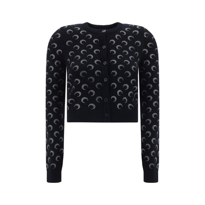 Marine Serre Black Viscose Cardigan with ribbed neck, button front, and iconic brand logo design for AW25 season.
