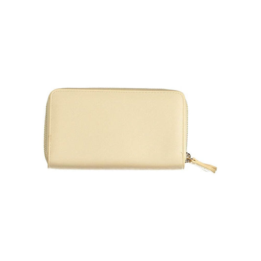 Mario Valentino Beige Polyethylene Wallet with zip closure, featuring 6 compartments, coin purse, contrasting details, and logo.