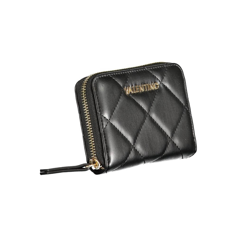 Mario Valentino Black Polyethylene Wallet with zip closure and quilted design, featuring multiple compartments and card spaces.