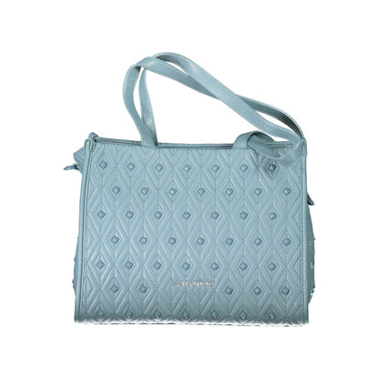 Mario Valentino Blue Polyester Handbag with two shoulder handles, adjustable strap, internal pocket, contrasting details, and zip closure.