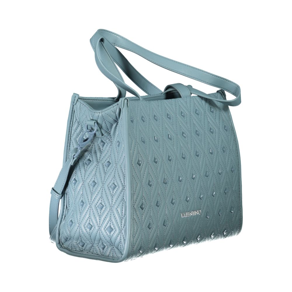 Mario Valentino Blue Polyester Handbag featuring adjustable straps, two shoulder handles, and internal pockets with logo detail.