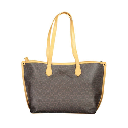 Mario Valentino Brown Polyethylene Handbag with yellow details and zip closure, featuring dual handles and multiple compartments for storage.
