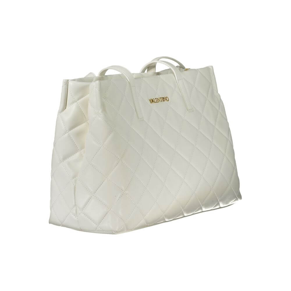 Mario Valentino White Polyethylene Handbag with quilted design, features 2 handles, laptop compartment, zip closure, and contrasting details.