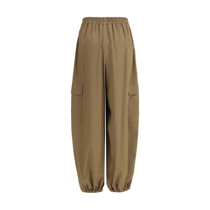 Max Mara Beige Cotton Cargo Pants with elastic waist, baggy fit, and utility pockets for comfort and style.