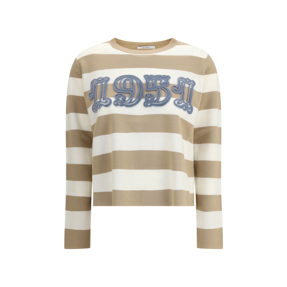 Max Mara Beige Fleece Wool Sweatshirt with striped pattern and 1951 embroidery, made of pure virgin wool for AW25 season.