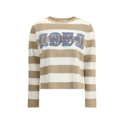 Max Mara Beige Fleece Wool Sweatshirt with striped pattern and 1951 embroidery, made of pure virgin wool for AW25 season.