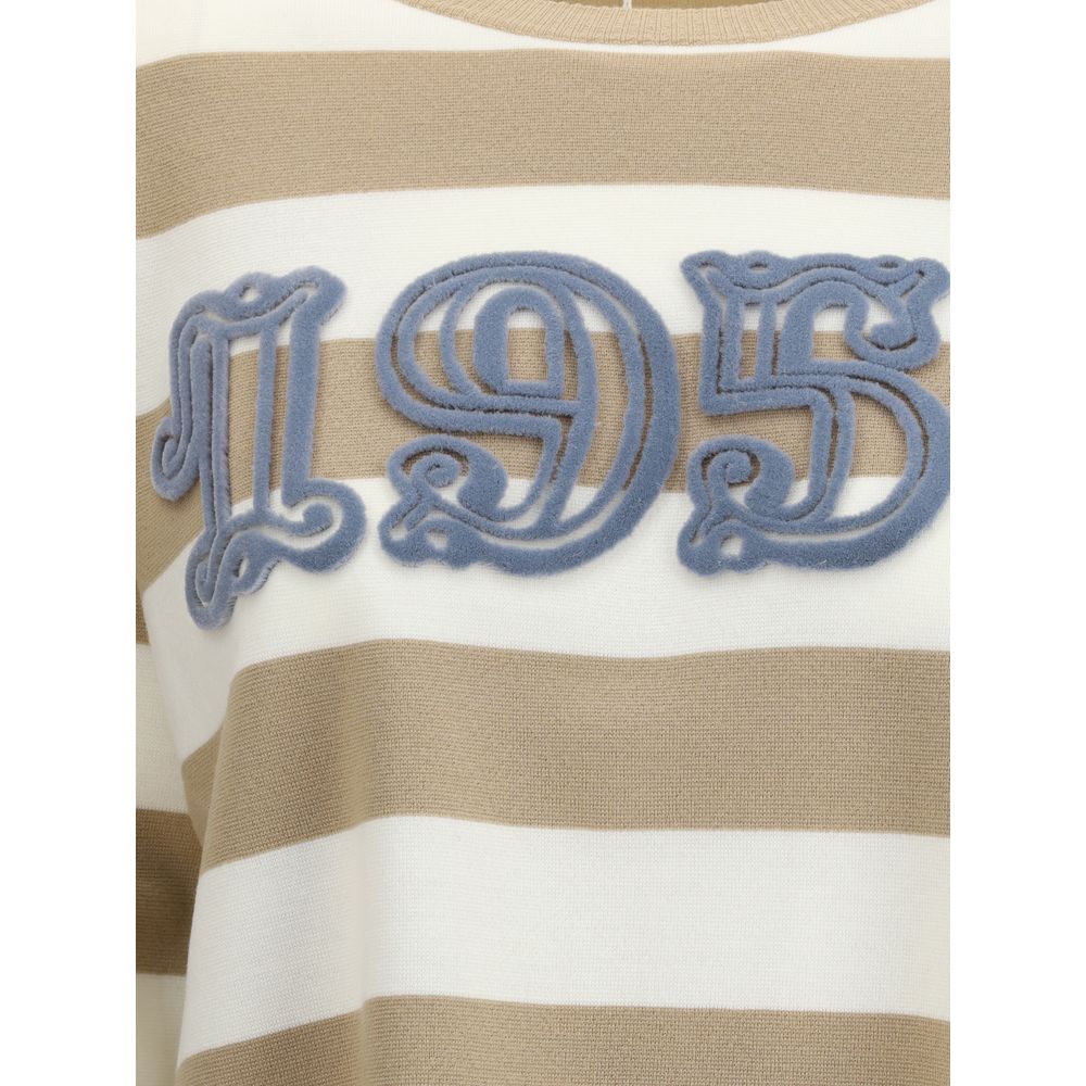 Max Mara Beige Fleece Wool Sweatshirt with brown and white stripes and '1951' embroidery