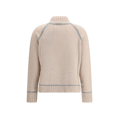 Max Mara Beige Wool Turtleneck with high neck and raglan sleeves, featuring ribbed edges, crafted for warmth and softness.
