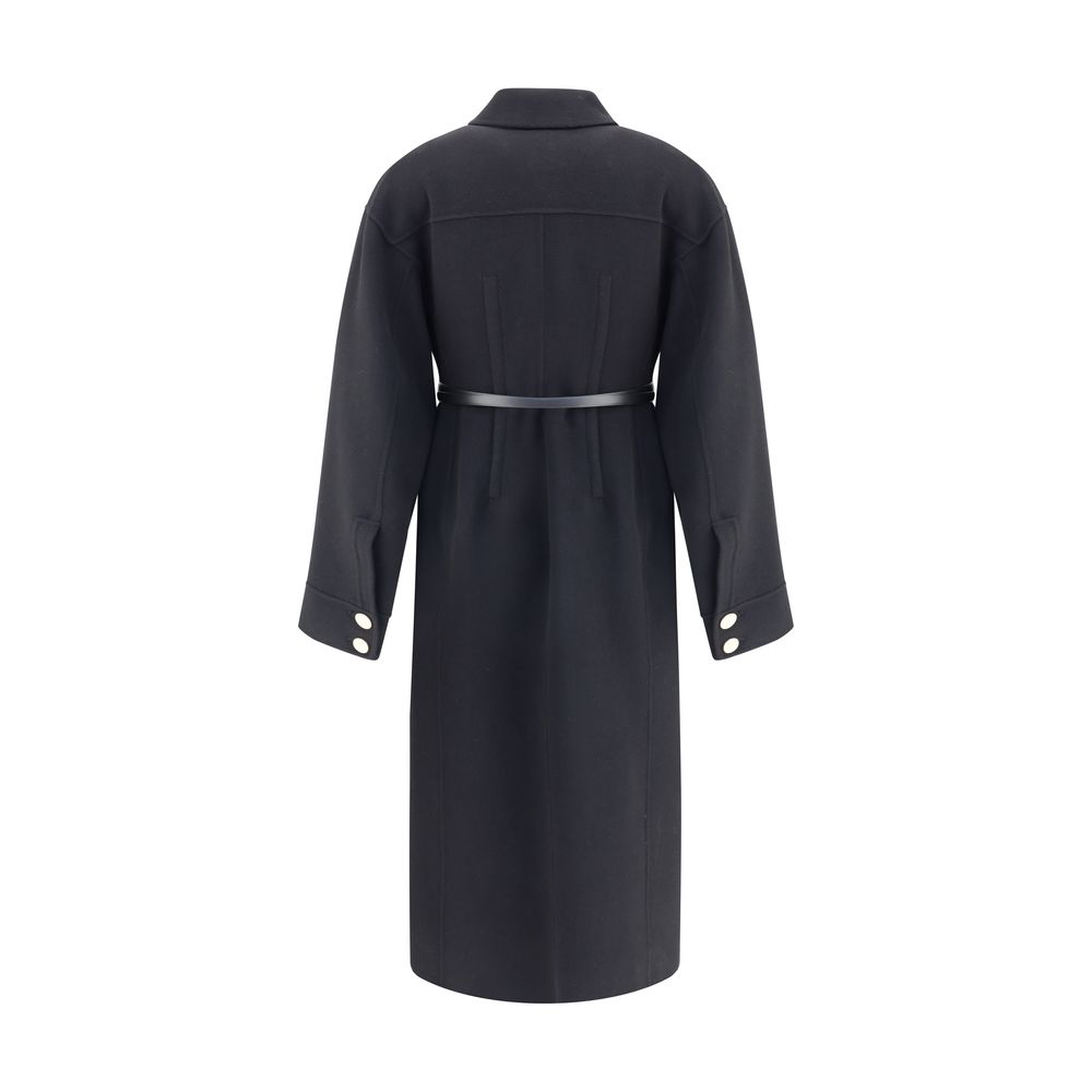 Back view of Max Mara Black Fleece Wool Coat showing leather belt and double-buttoned shirt cuffs.