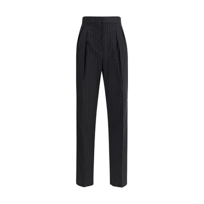 Max Mara Black Fleece Wool Dress Pants with striped embroidery and pleats, featuring side seam and back slit pockets.