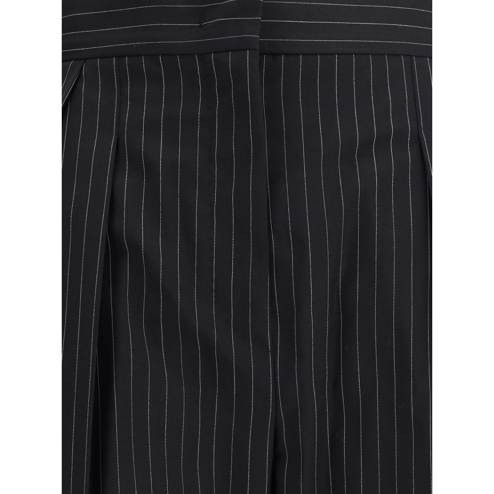 Close-up of Max Mara Black Fleece Wool Dress Pants with striped embroidery and elegant pleats, showcasing detailed design features.