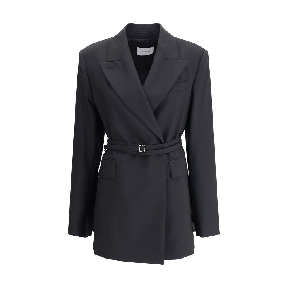 Max Mara Black Fleece Wool Full-Length Jacket with double-breasted closure and belt, tailored for elegance and modern style.