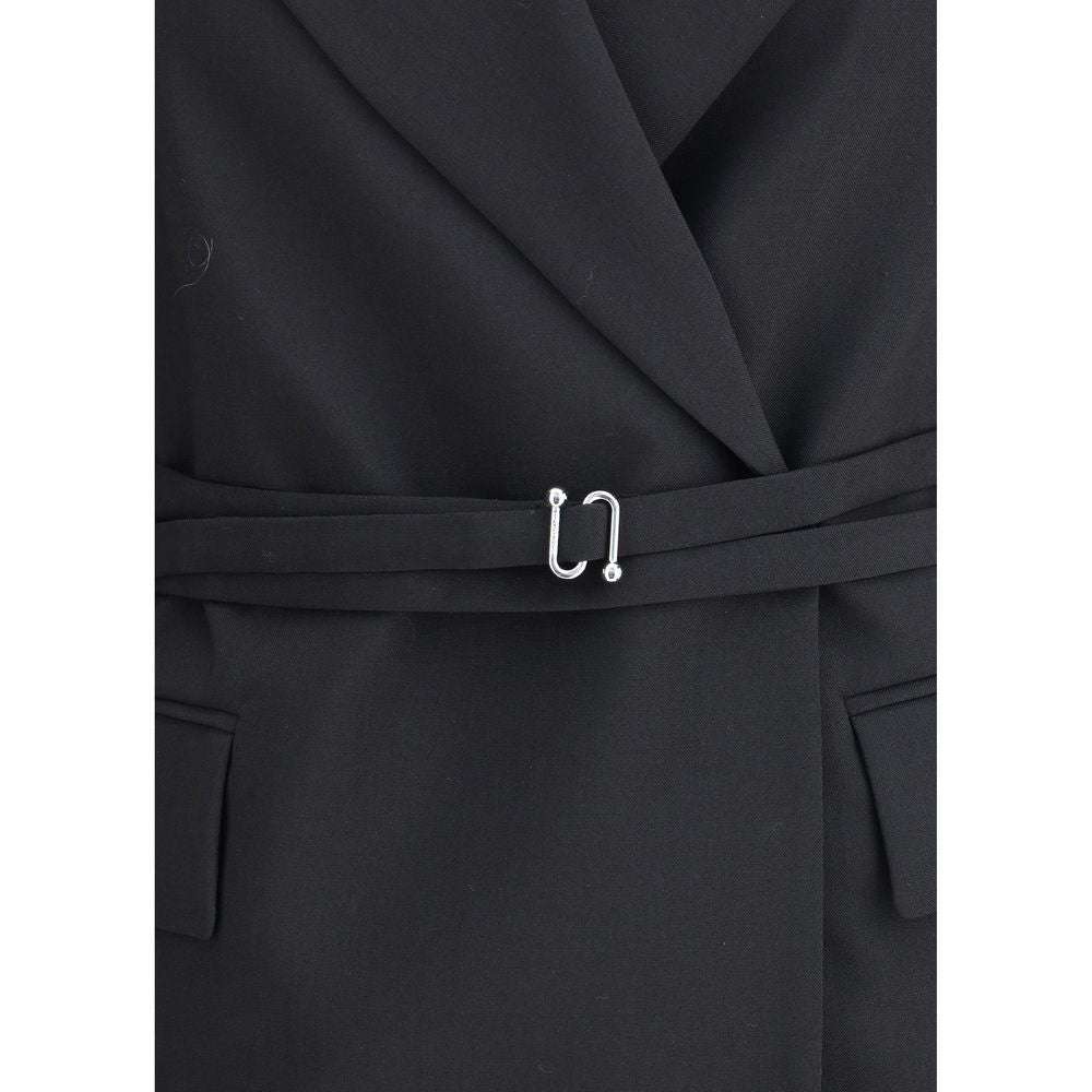 Close-up of Max Mara Black Fleece Wool Full-Length Jacket showing double-breasted closure and S-buckle belt detail.