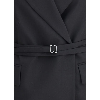 Close-up of Max Mara Black Fleece Wool Full-Length Jacket showing double-breasted closure and S-buckle belt detail.
