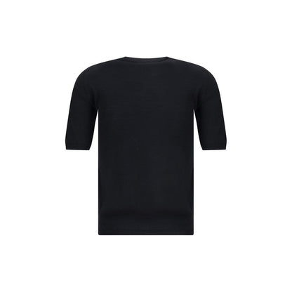 Max Mara Black Fleece Wool Top featuring short sleeves and ribbed hem, back view