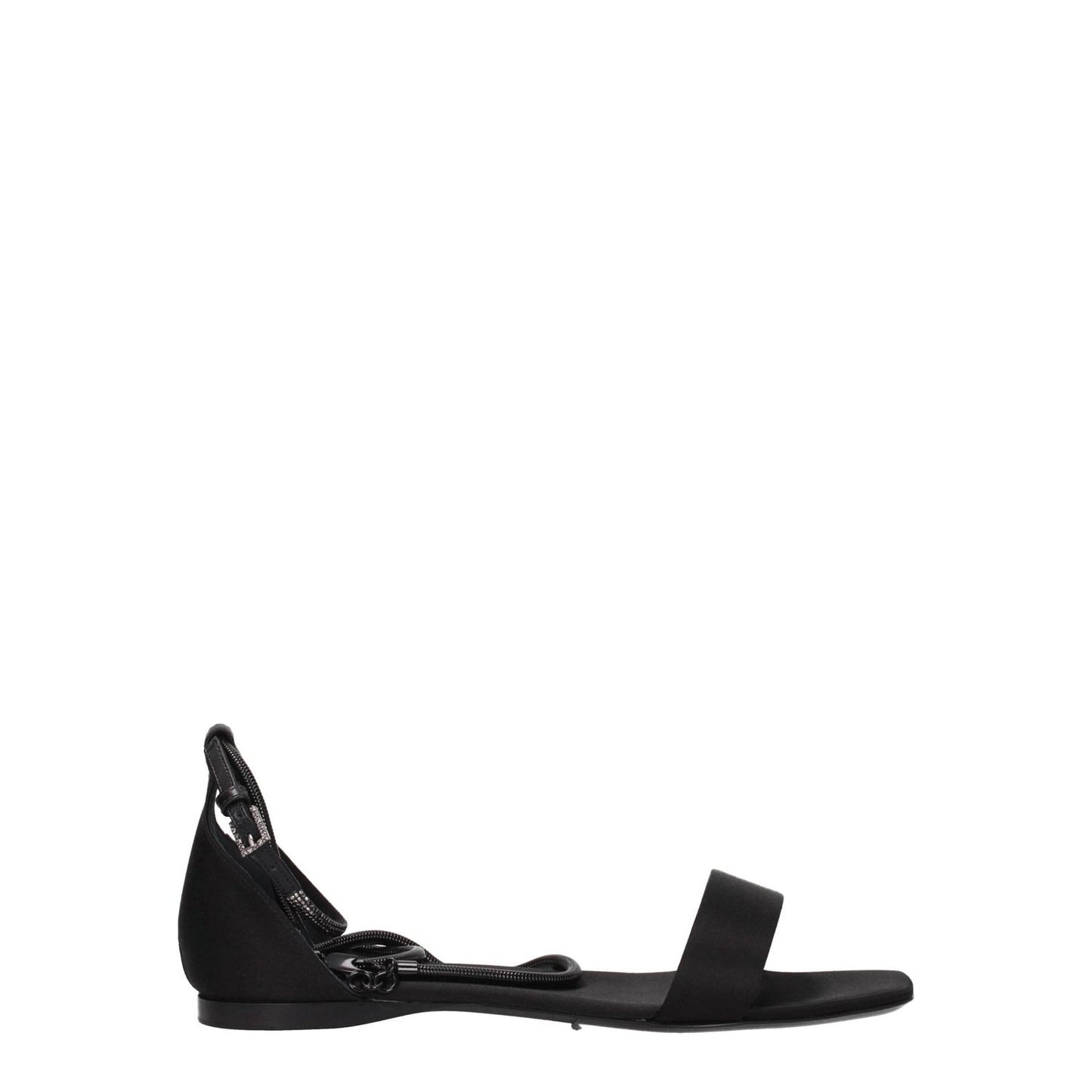 Max Mara Black Satin Flat Sandals with buckle closure and open toe, featuring leather sole and low heel.